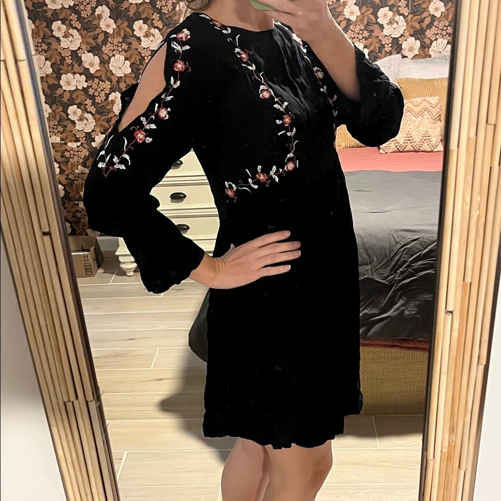 LOFT Black Dress with Pink Floral Embroidery